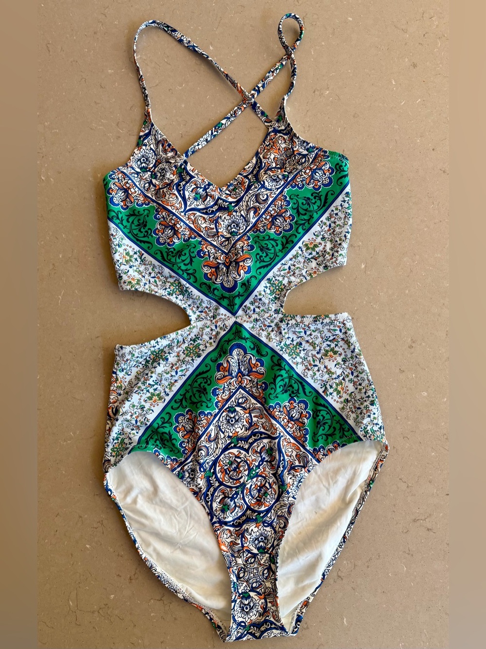 Tory Burch XS Cutout One-Piece Swimsuit Boho Scarf Print Crisscross Back EUC
